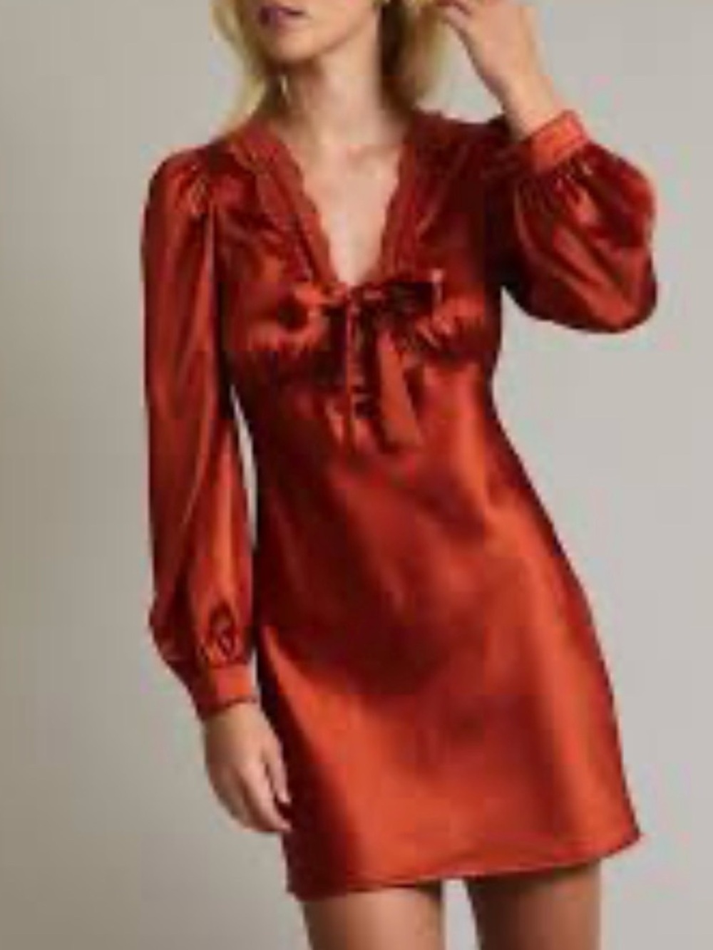 NWT Le Lis Satin Long-Sleeve Mini Dress in Rust Size M